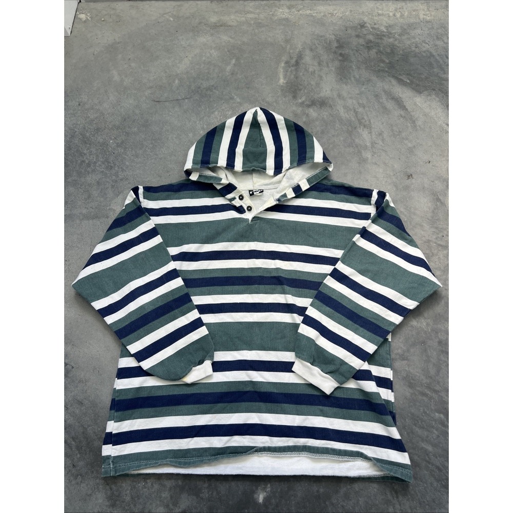 Vintage Hooded Long Sleeve Shirt Size XL Green/blue Stripe